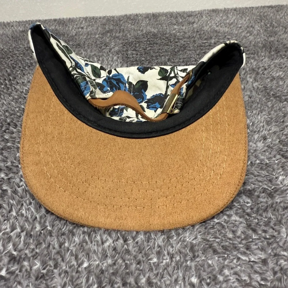 EMPYRE Blue Rose Floral Print 5 Panel Cap White Brown Suede Brim Strapback